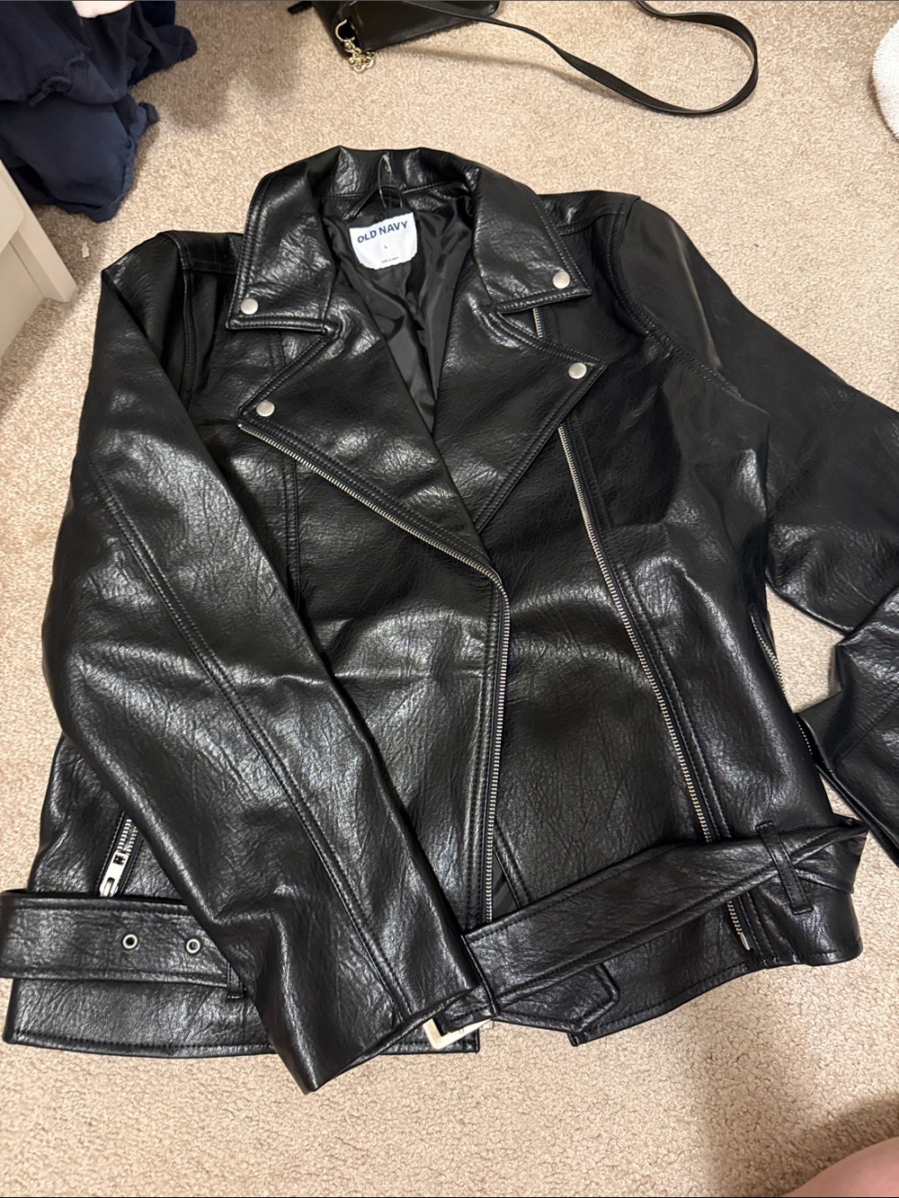 Old Navy Black Faux Leather Moto Jacket with Belted Hem